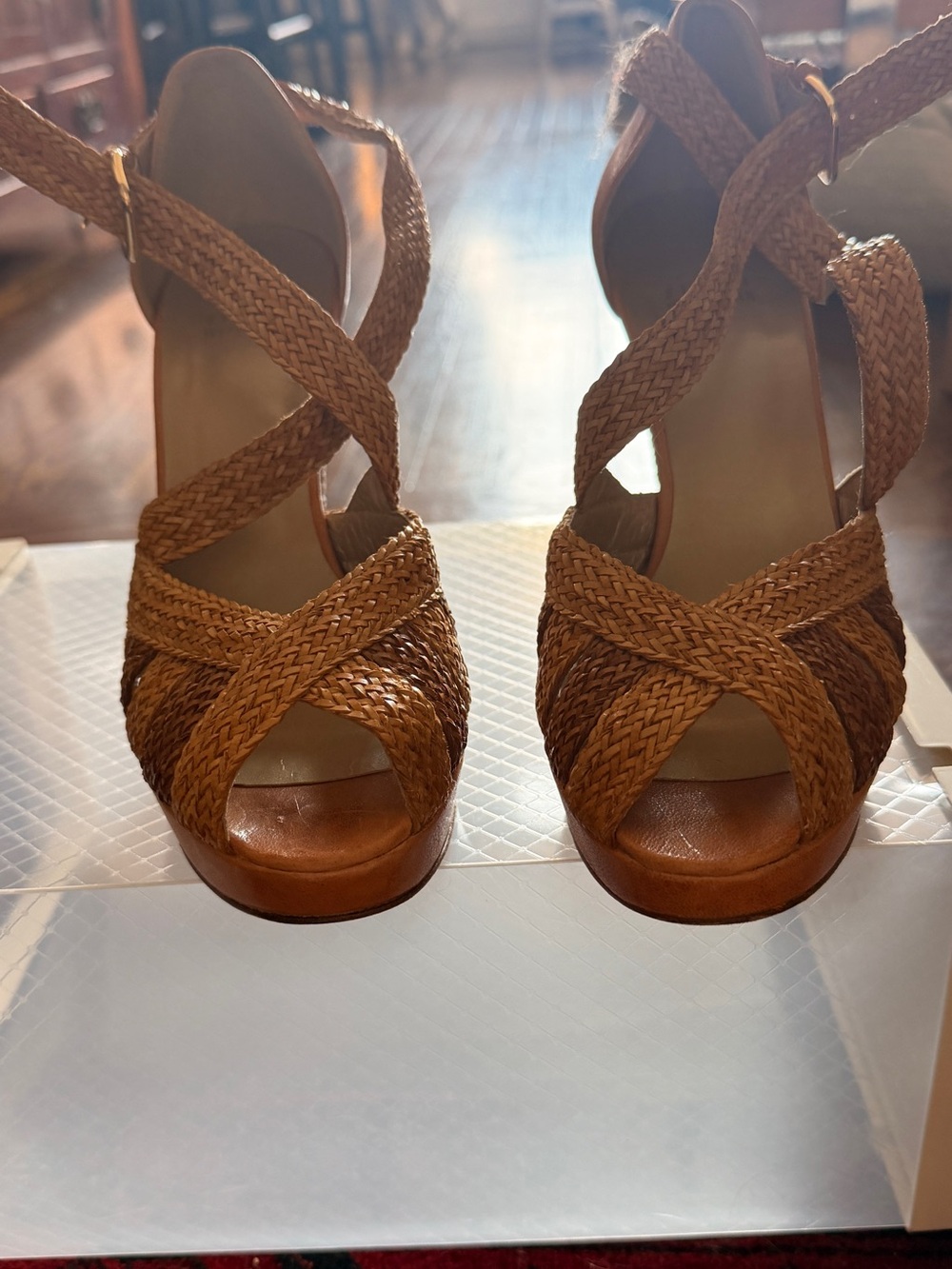 Stuart Weitzman Woven Tan Platform Wedge Sandals